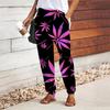 Women Leaf Printing Pants Lace Up Elastic Waist Loose  Trousers Casual Long Pants Trousers with Pockets