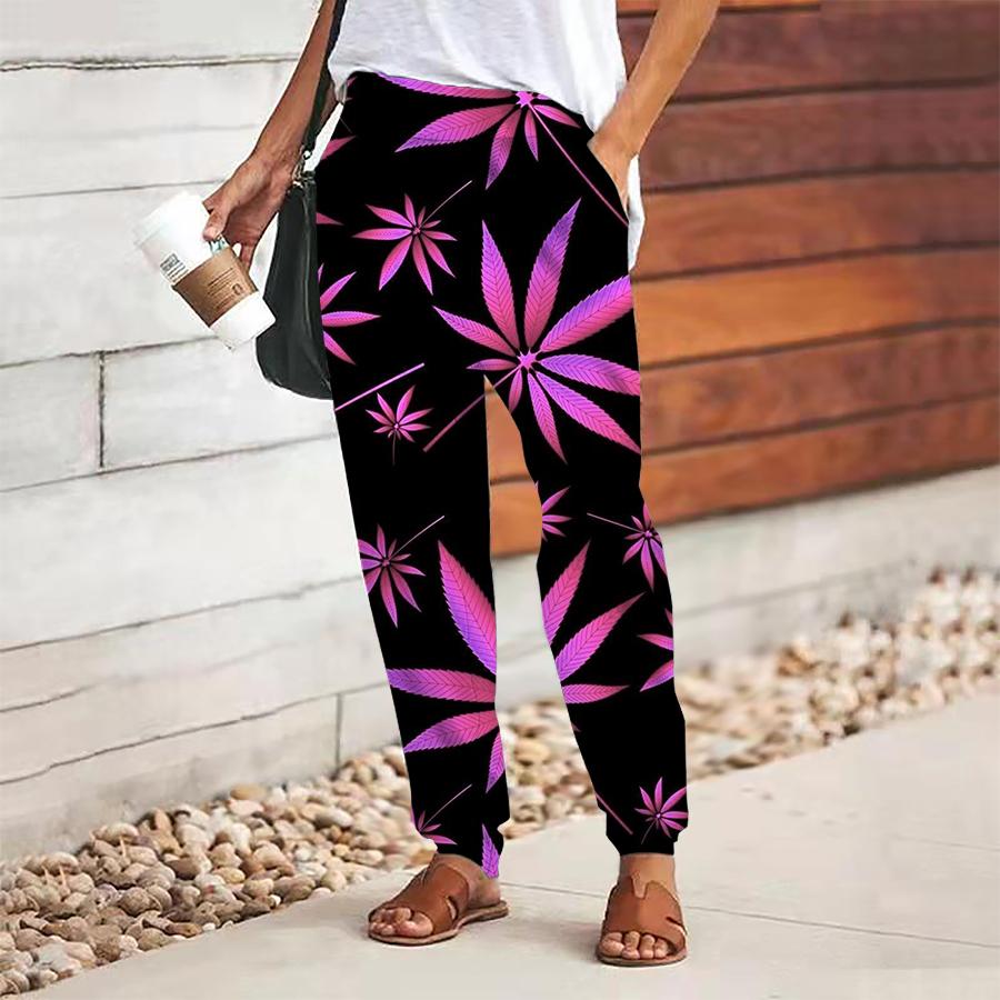 Women Leaf Printing Pants Lace Up Elastic Waist Loose  Trousers Casual Long Pants Trousers with Pockets