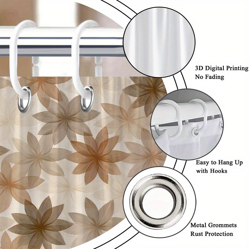1Pc Brown And Beige Floral Patterned Shower Curtain, Polyester Fabric, Machine Washable, Suitable For Bathroom Dcor.
