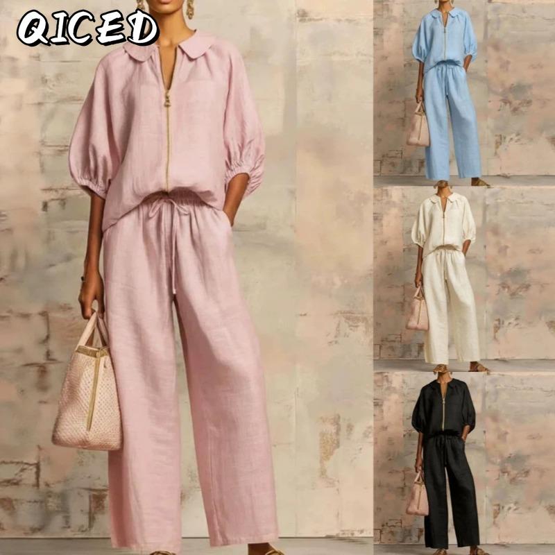 QICED Women's Fashion Casual 1/2 Sleeves V Neck Pants Suits