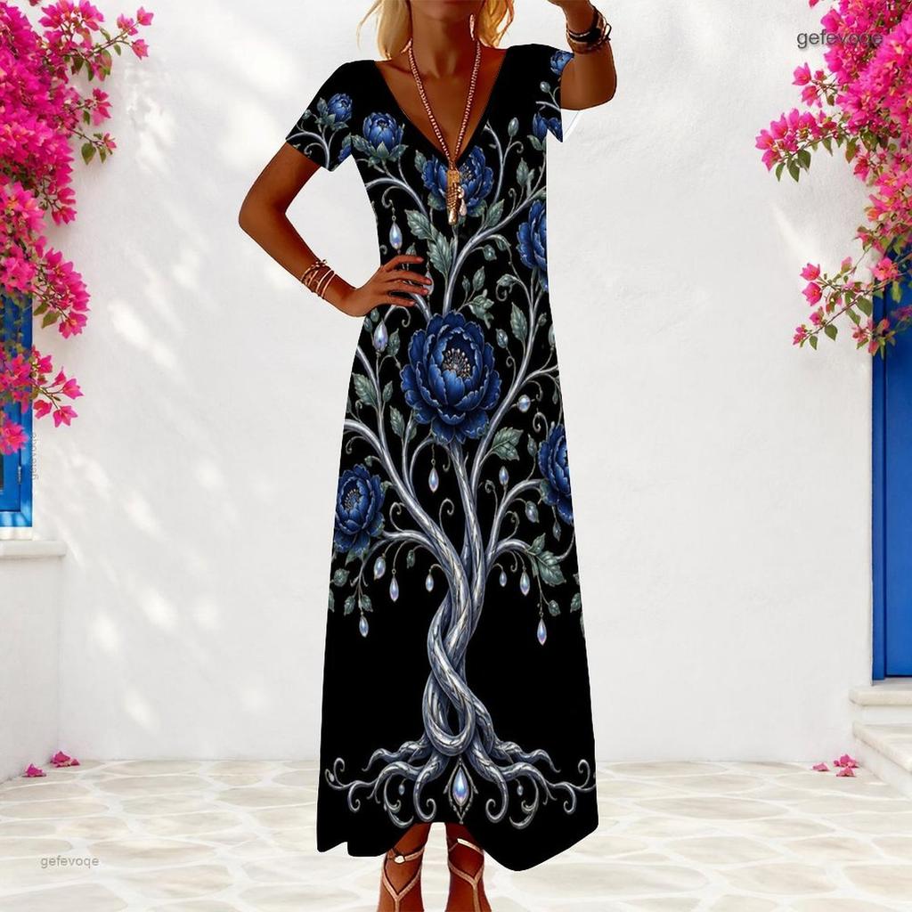 Women Plus Size V Neck Short Sleeve Black Printed Maxi Dress
