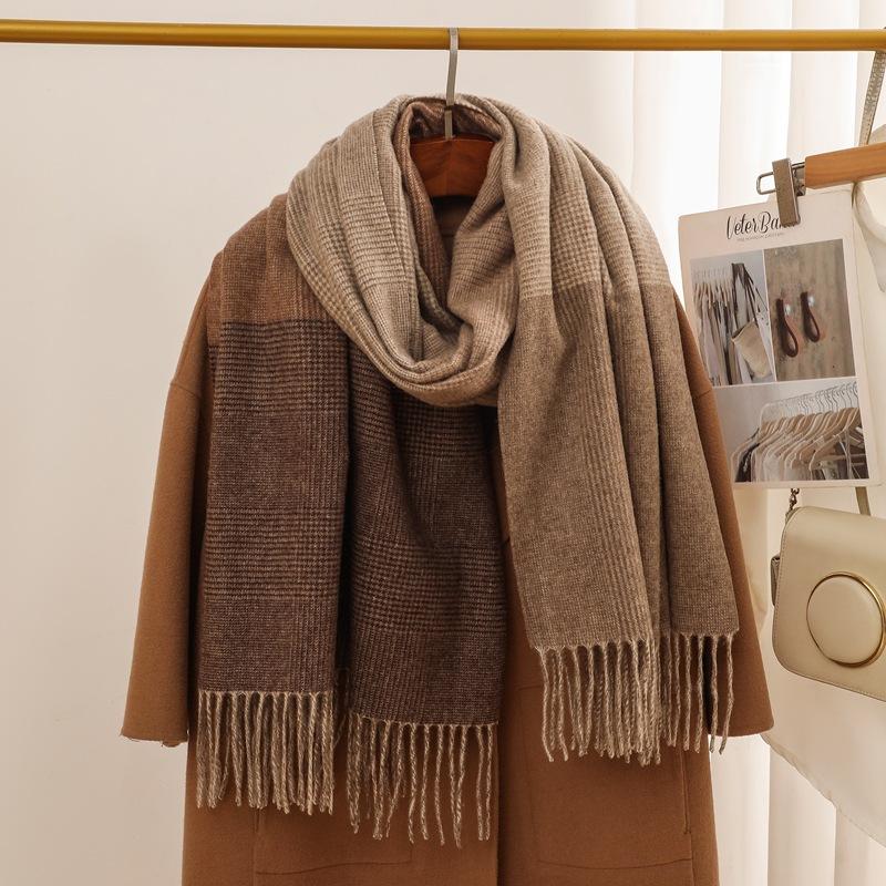 Autumn and winter new 100 wool scarf women's light luxury high-end plaid shawl versatile enlarged thickened warm scarf