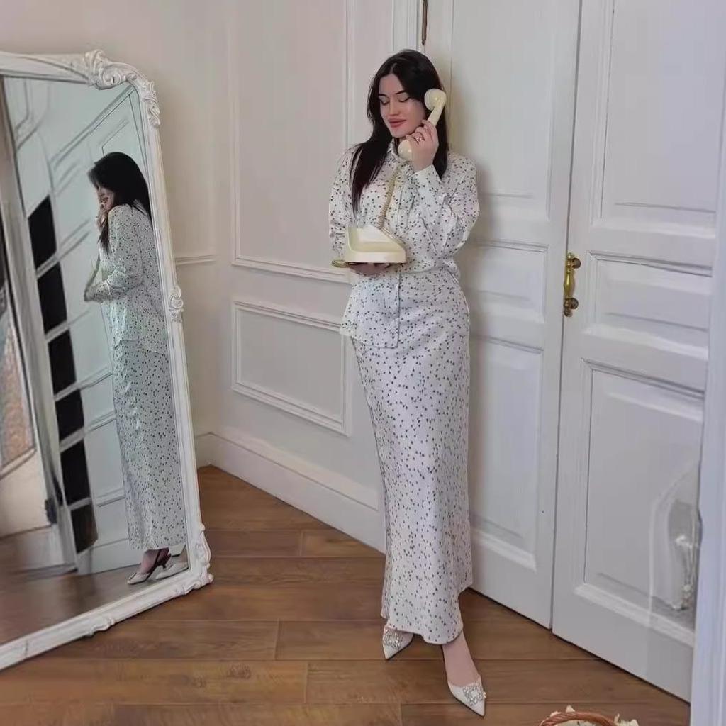 2024 Autumn Retro Print Shirt & Midi Skirt Two-Piece Set for Women