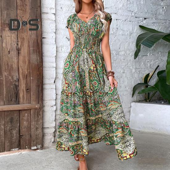 Letnia sukienka maxi z głębokim dekoltem V, krótkim rękawem, w stylu bohemy, z kolorowym nadrukiem, elastyczną wysoką talią, falbankowym szwem na dole, w kształcie litery A, sukienka plażowa