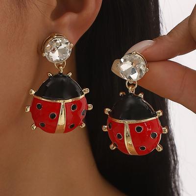 Women European American Unique Design Red Ladybug Strawberry Crystal Oil Drip Earrings Retro Luxury Stud Earrings