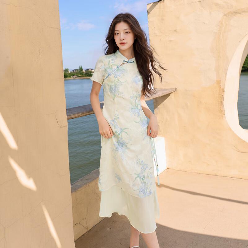 Sancai New Chinese Style Stand-Collar Slimming Floral Dress