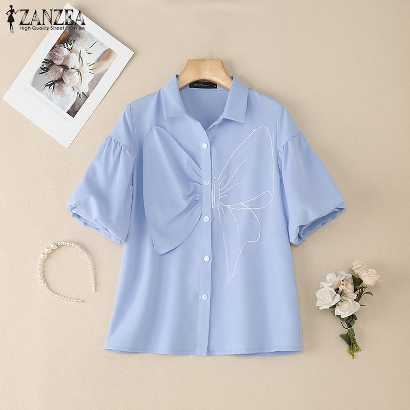 ZANZEA Women Turn Down Collar Summer Casual Short Sleeve Blouse