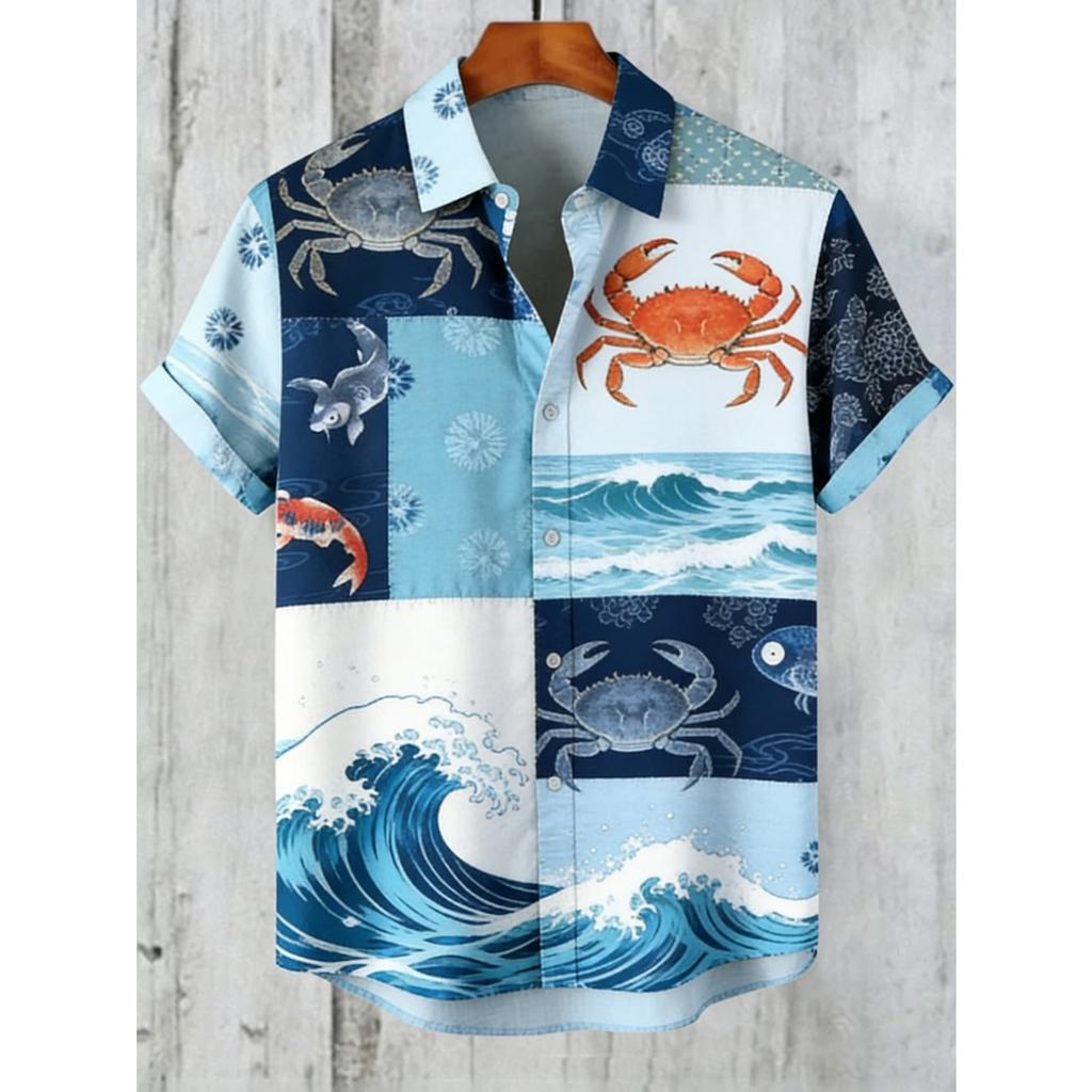 Men's Ethnic Style Linen Short-sleeved Shirt Natural Ocean High-definition 3D Printed Shirt Men's Hawaiian Vacation Outdoor Top