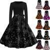 Women's Casual Long Sleeve Round Neck Dress Vintage Style Halloween Print Skater Dress with Waist Tie Belt Retro Swing Midi Dress