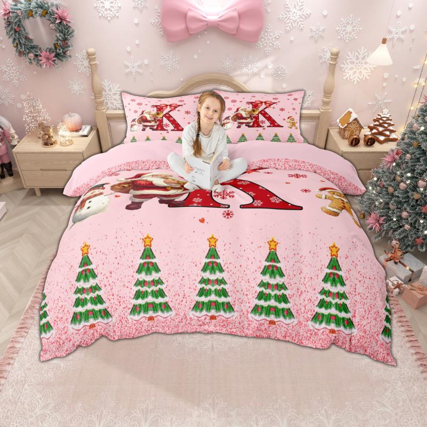 Homewish Xmas Monogrammed Duvet Cover Set For Boys Girls Christmas Santa Claus Bedding Set Girls Pink Snowflakes Quilt Cover