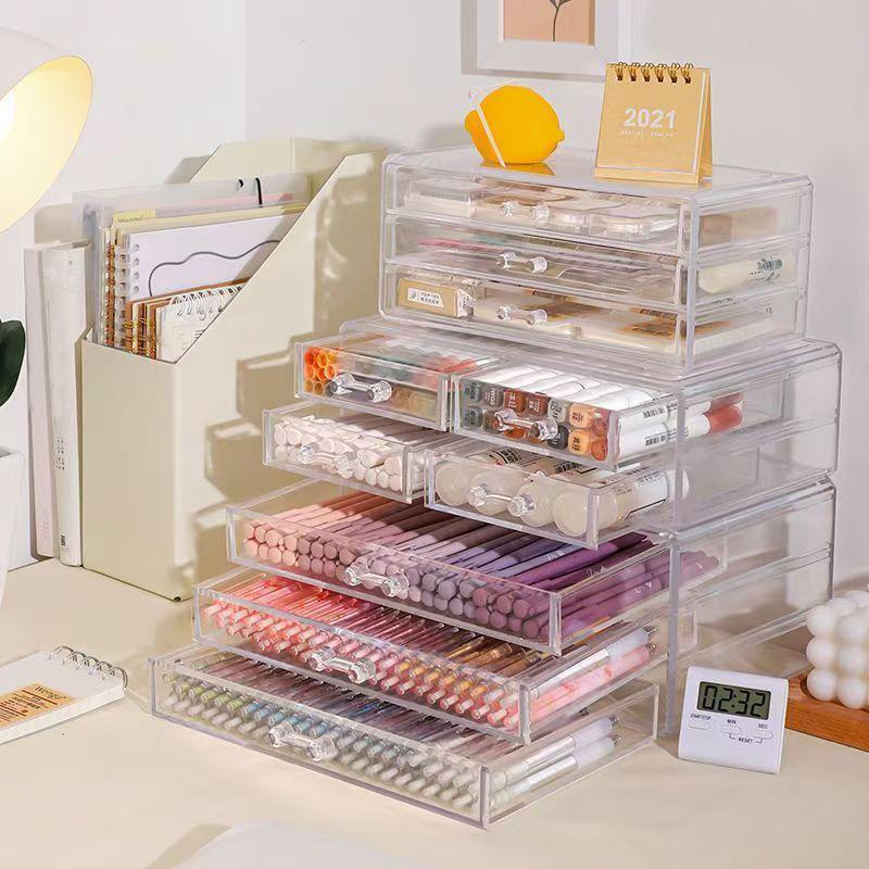 Clear Desk Organizers and Acssories, Stackable Makeup Storage Box Plastic Drawer Organizer for Home Offi Supplies Art Craf