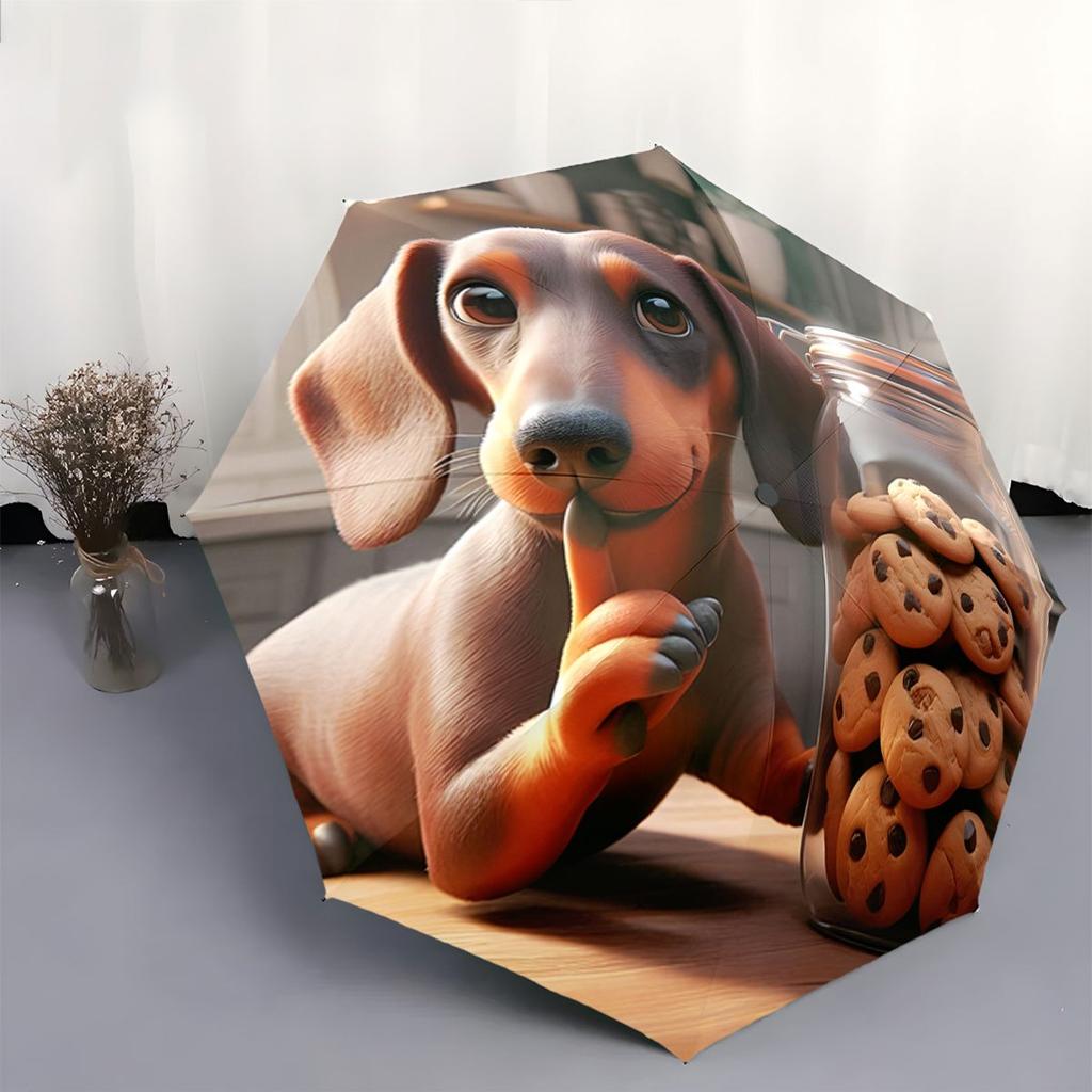 Automatischer Faltregenschirm mit Dackel & Chocolate Chip Cookie Design - Tragbar, Zusammenklappbar, 8-Rippen, Langlebige Bespannung, Stilvoll