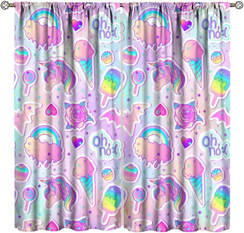 Rainbow Unicorn Bedroom Curtains Purple Pink Dream Universe Starry Sky Kids Living Room Window Treatments Made Of Polyester Treatment