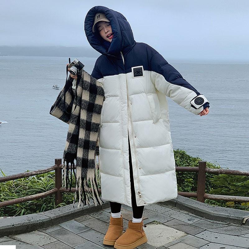 

Fashion down jacket women s long 2025 winter thickened over the knee color matching big quilt white duck down couple coat M темно-синього кольору
