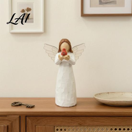 Artistic Bookshelf Accent Red Bird Angel Figurine Resin Winged Holding Statue for Pastoral Home Decoration Bereavement Remembrance Sympathy Memorial