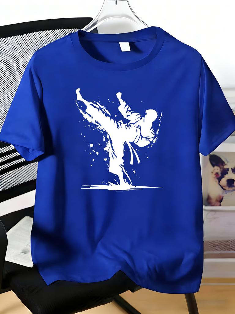 Unisexs Tee Ink Splash Karate Kick Fighter Silhouette Art Print Cotton Short Sleeve Male Casual Streetwear Daily Basic Fashion Top