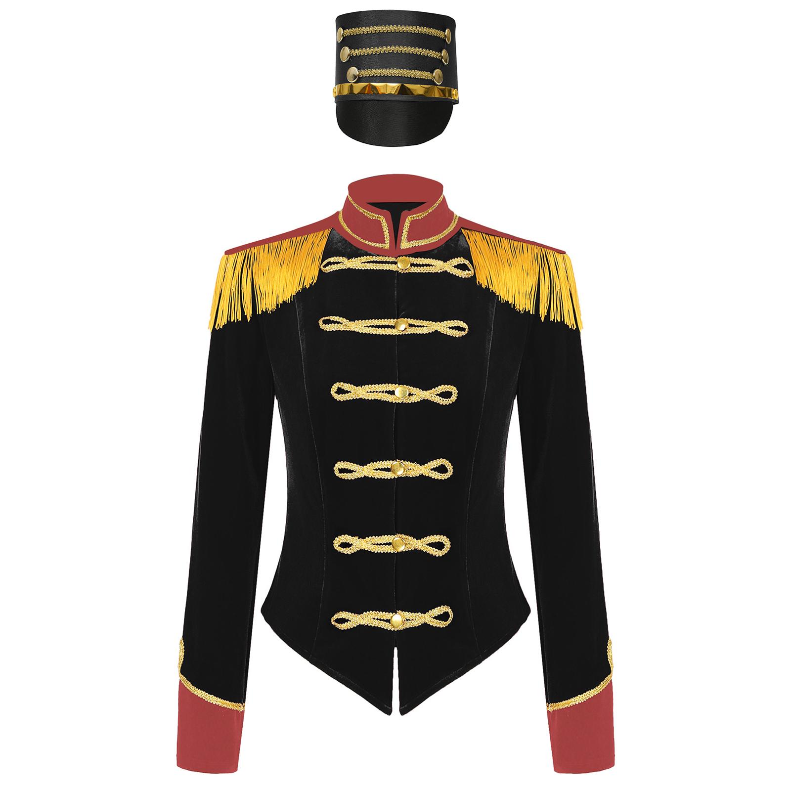 

Women Circus Ringmaster Costume S-3XL Carnival Party Outfit Long Sleeve Stand Collar Fringe Jacket with Hat Full Set S