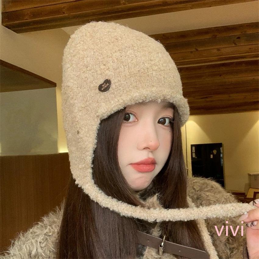 Soft waxy seam buckle small standard wool blended knitted ear protection hat autumn and winter versatile lace-up warm and cold-proof flying hat