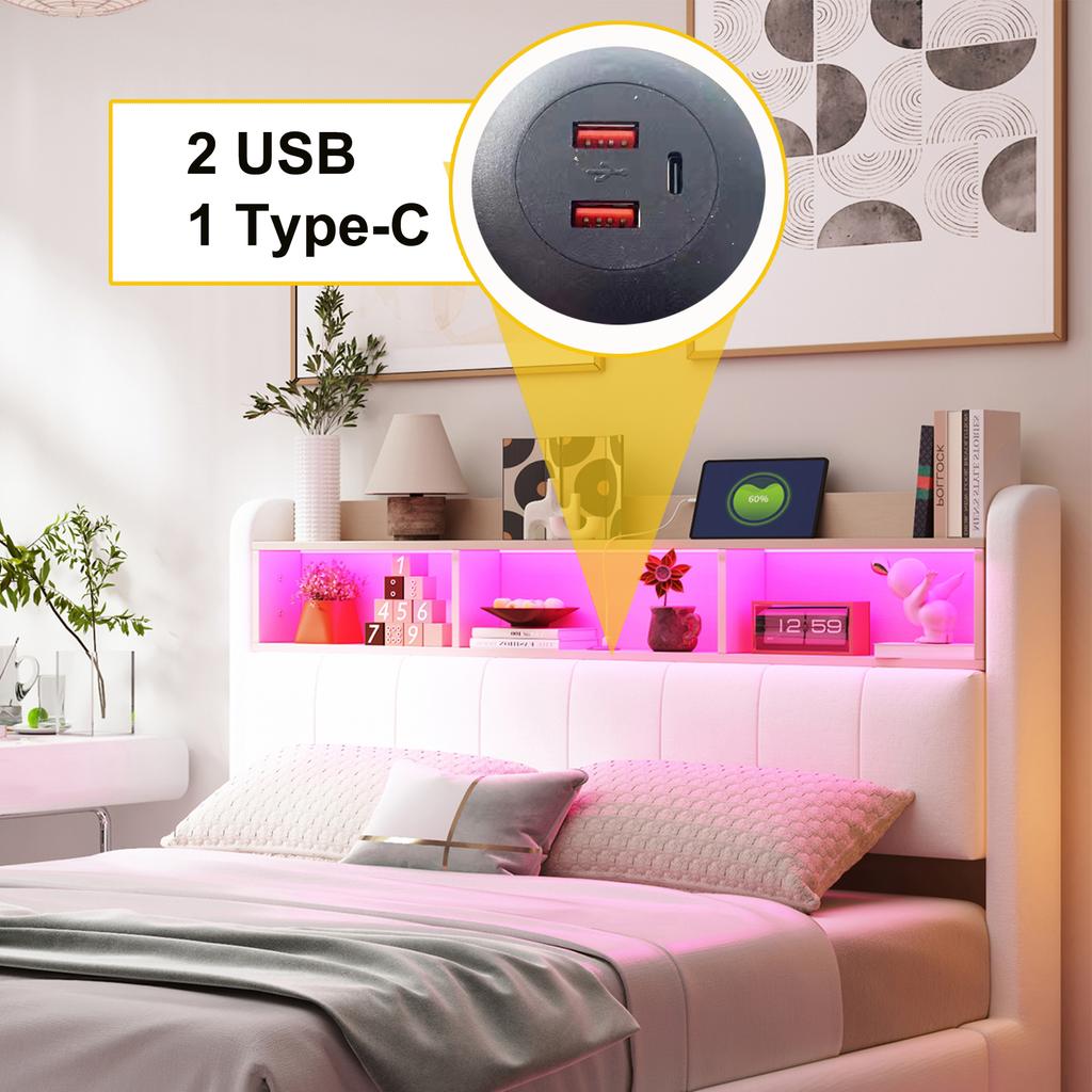 Zwevend design gestoffeerd bed 140*200 gemaakt van linnen stof, multifunctioneel opbergbed met LED-licht, USB en TYPE-C interface beige