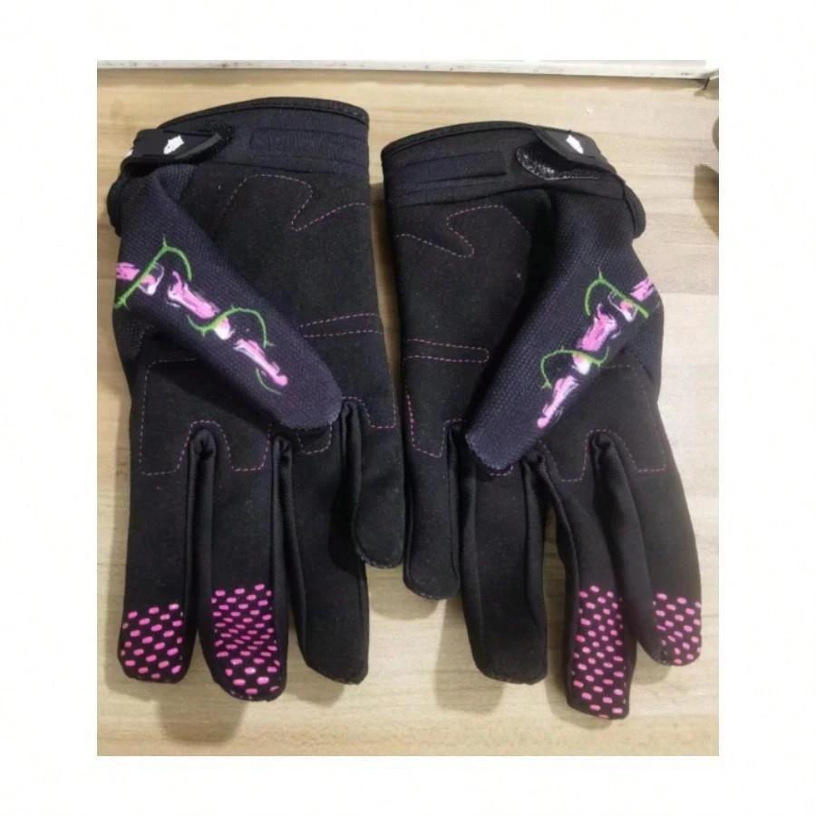 1pair Men's and Women's Rose Patterned Long Finger Outdoor Sports Off-Road Bike Cycling Gloves In Black and Pink, Winter Hand Warmers