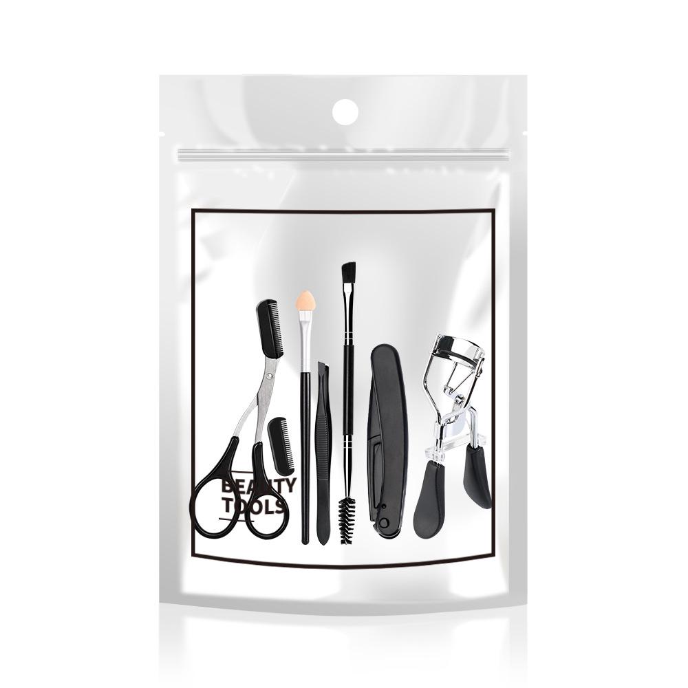 Black Eyelash and Brow Grooming Set with Comb, Brush, Curler, Stainless Steel Razor, Tweezers, and Scissors