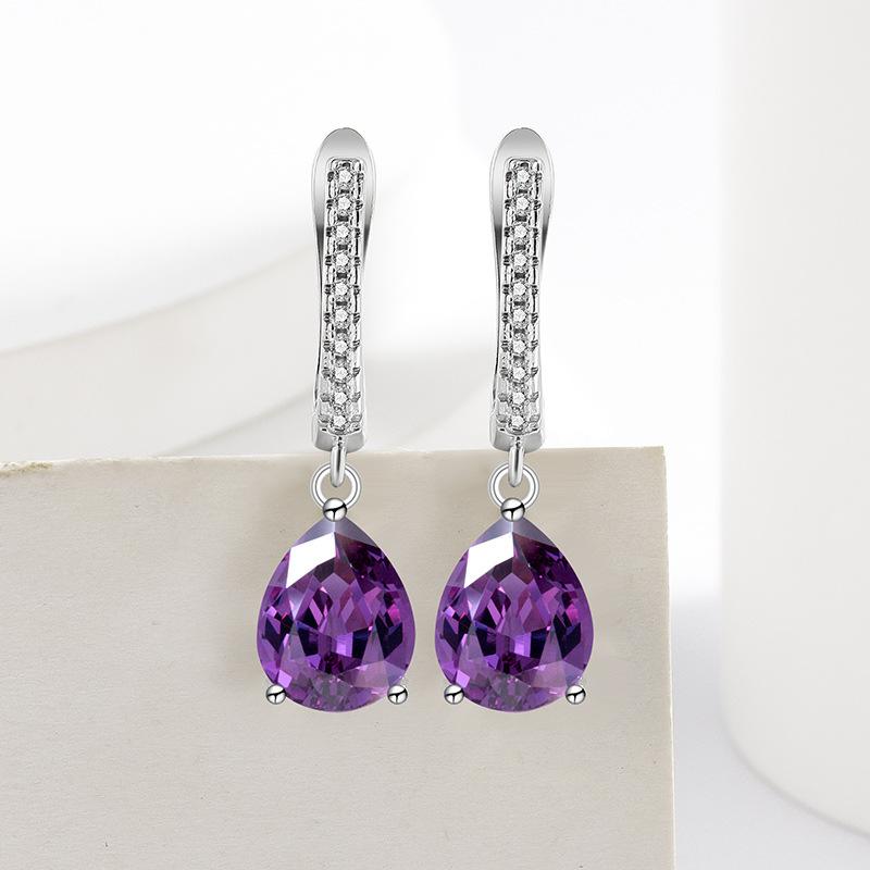 2026 Amethyst Pear-shaped Zircon Earrings 925 Tremella Buckle Ring Necklace Jewelry Set
