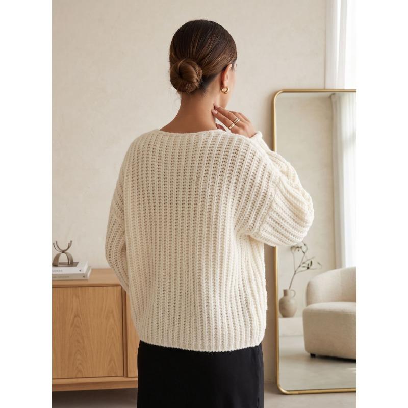 Women S Knitted Cardigan Round Neck Long Sleeve Button Front Lazy Style Sweater Coat