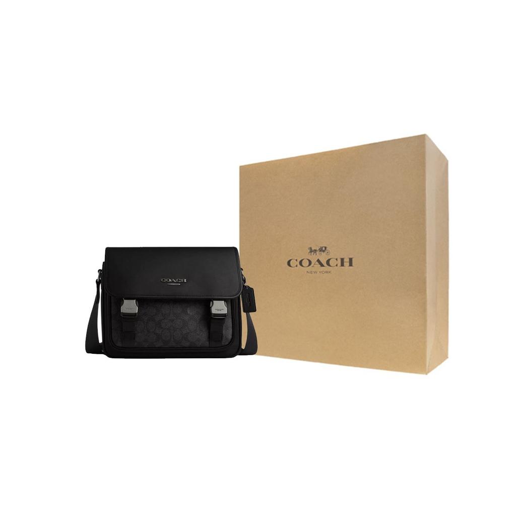 Coach Racer 28 Brand Logo Adjustable Shoulder Strap Coated Canvas Smooth Calfskin Messenger Bag Men Bags Charcoal CT716-QBMI5