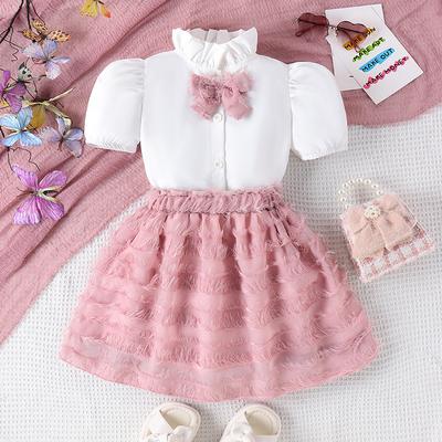 Summer Girls' Fashion Set: Children's Chiffon Bubble Short-sleeved Shirt + Woolen Mesh Short Skirt