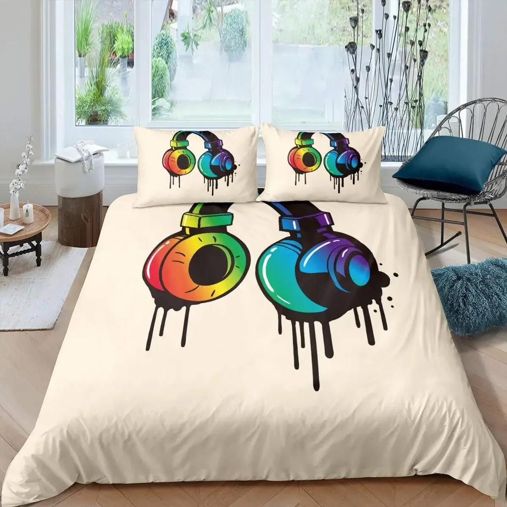 Headphones Duvet Cover Full Queen Size Music Theme Headphone Comforter Cover Musical Note Bedding Set for Youth Teens Room Decor