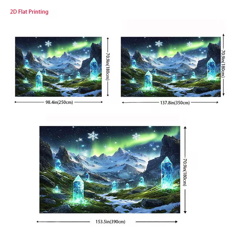2D Nordlicht Wandteppich, Leuchtende Blaue Kristalle & Winterlandschaft Wandbehang
