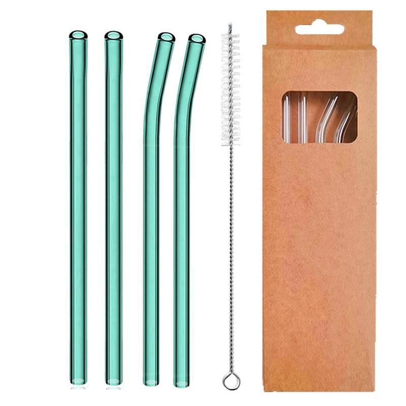 4 Pcs Reusable Glass Straws 8mm Straight Bent Glass Drinking Straws Eco Friendly Cocktail Straws for Beverages Milk Coffee