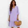 Women's Flowing Pleated V-Neck 3/4 Sleeve Linen Dress