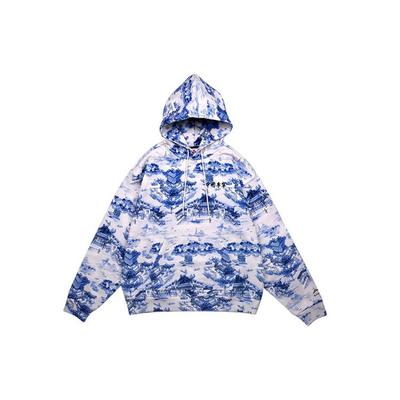Blau-Weißes Porzellan Vollprint Lockerer Pullover Hoodie Herren Hoodie AWDQ253-1