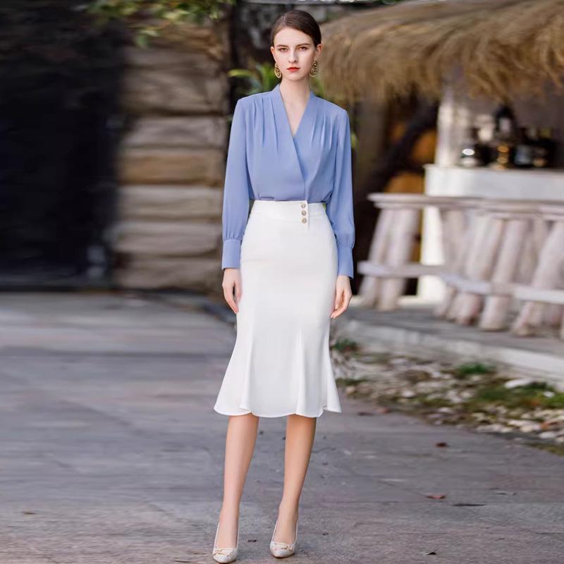 

Elegant Women s French V-neck Blue Silky Long-Sleeved Shirt – Goddess Style for Formal Wear Large