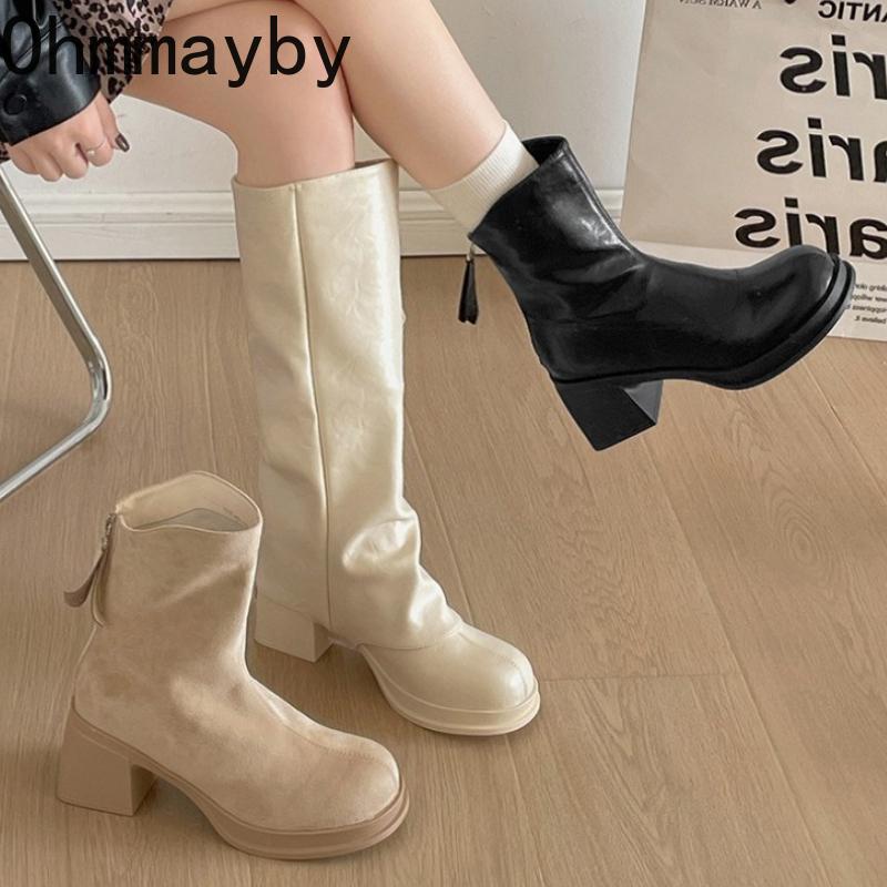 Vintage Plateau Dicke Ferse Damen Röhrenstiefel Abnehmbar Zwei Tragevarianten Schuhe Herbst Winter Damen Elegant Schmal Lange Stiefeletten