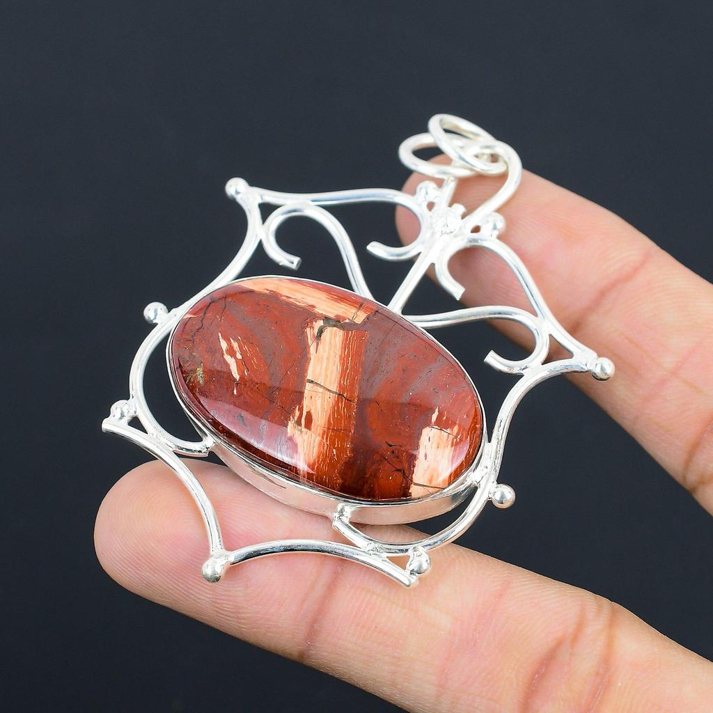Gift For Women Pendant 925 Sterling Silver Natural Red Snakeskin Jasper Gemstone