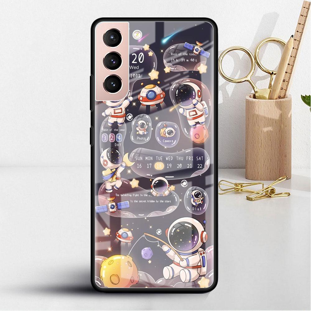 Glashülle für Samsung Galaxy S22 S20 FE S21 5G S10 S9 Plus Note 10 20 Lite gehärtete Telefonabdeckung Astronaut Cartoon