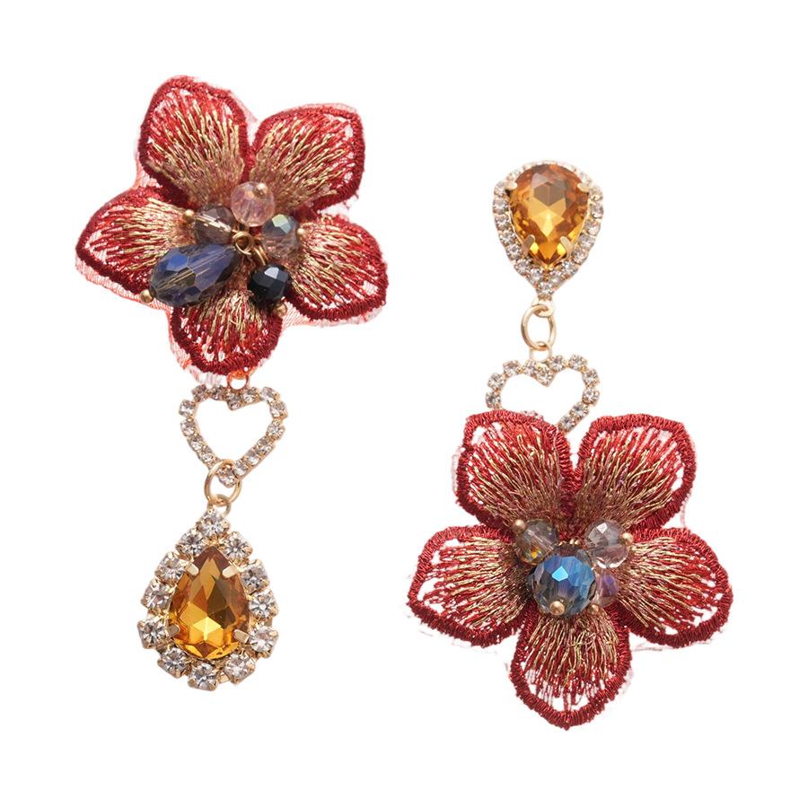 Retro fabric diamond-set asymmetrical flower water drop silver needle earrings European and American fashion elegant temperament high-end earrings