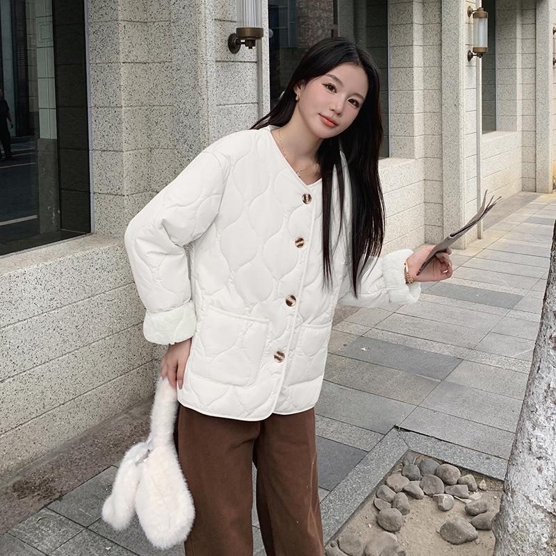 Herbst und Winter Rundhals Wollfutter Baumwolljacke für Damen Dünne Koreanischer Stil Kurze Halslose Nähte Baumwolljacke