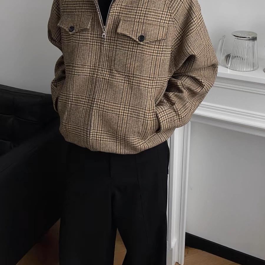 Premium Prince of Wales Check Harrington Jacket - 50% Wool Blend, Clean Fit, Short & Wide Coat