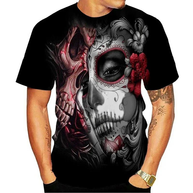 Summer Round Neck 3D Skull Beauty Pattern Print Top Fashionable Casual Short Sleeved Men's T-shirts