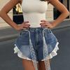 Blue Jean Shorts Women Denim Shorts Patchwork Ruffle Y2k with Belt Jeans Korean Girl Shorts Summer Streetwear 2026