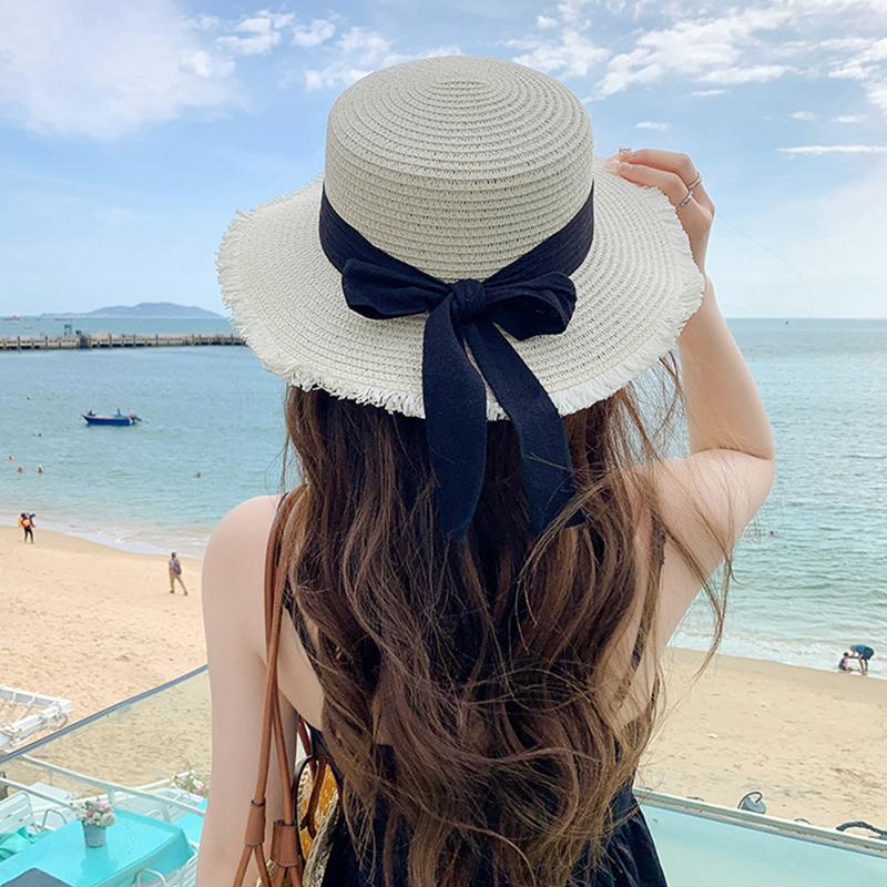 Korean Bow Women Straw Hat Summer Sunscreen Flat Top Fisherman Cap Wide Brim Lady Girl Beach Travel Sun Visors Panama Hats