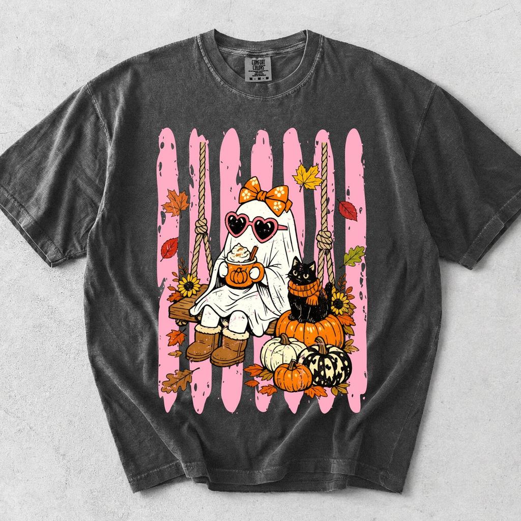 Cozy Spooky Season Shirt, Comfort Colors Tee, Cute Ghost Black Cat Graphic Top, Vintage Autumn Pumpkin Tshirt, Retro Fall Aesthetic Wear