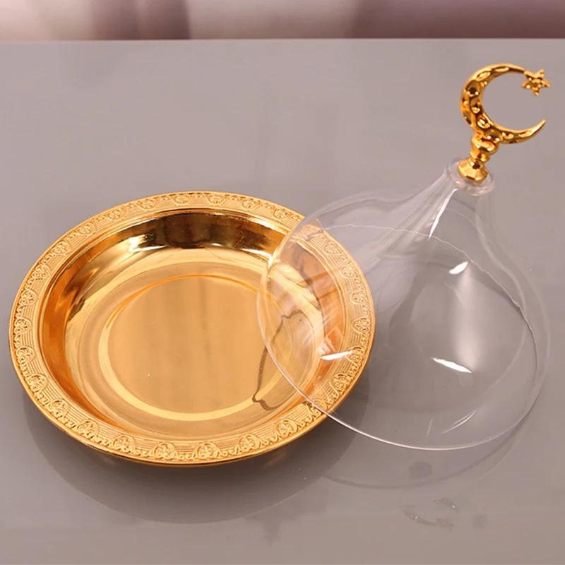 Gold Fruit Basket and Acrylic Lid Moon Ramadan Festival Alloy Candy Food Nut Organizer Wedding Home Desktop Tray Decoration,17cm