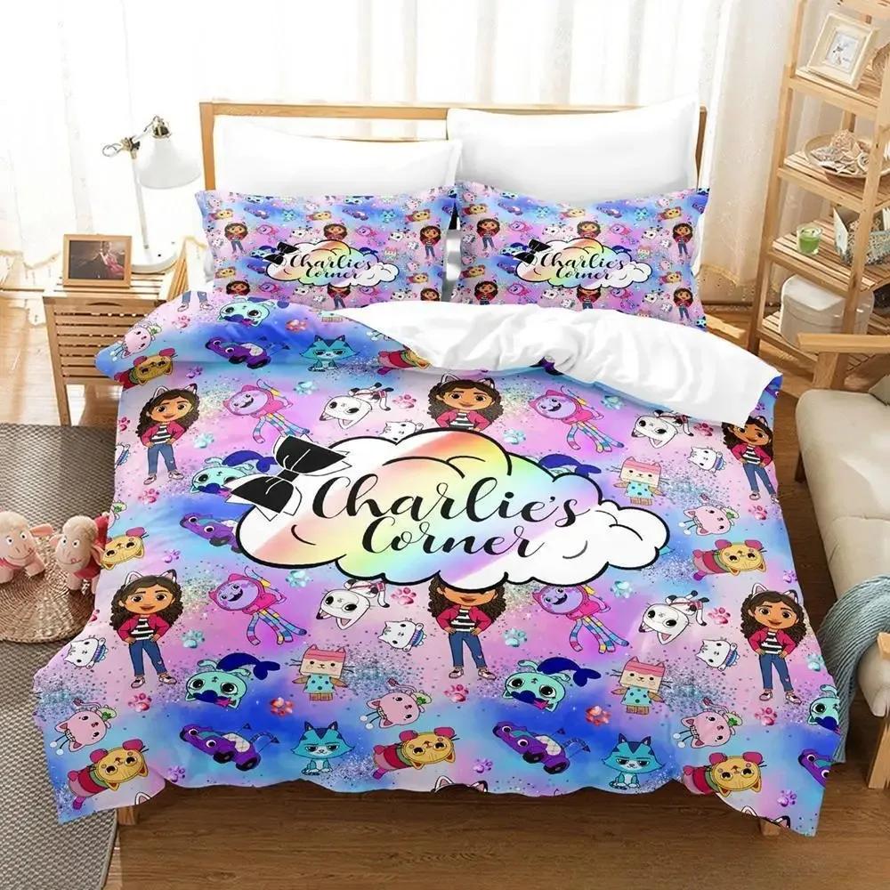 Zestaw pościeli Gabbys Dollhouse Pojedynczy Bliźniaczy Pełny Queen King Size Zestaw na łóżko Sypialnia dla dorosłych Dziecięca Zestawy poszewek na kołdrę Zestaw prześcieradeł 3D Anime