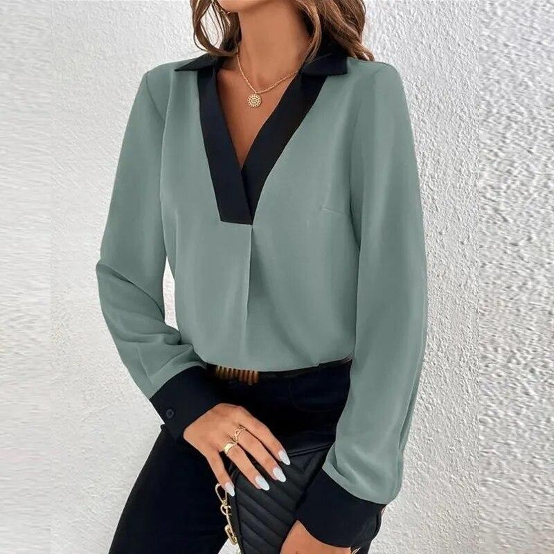Women Long Sleeve V-neck Blouse Fashion Contrast Shirt Autumn 2026 Casual Loose Shirts Office Lady Tops Clothes Blusas 29450