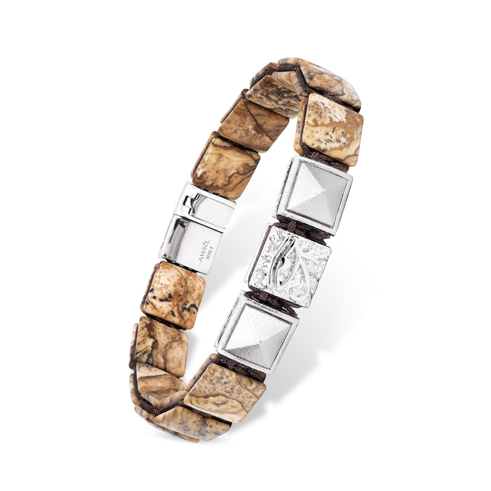 

AWNL Men s Flat Bead Bracelet, Sterling Silver with Magnetic Clasp and Picture Jasper Stone, Natural Stone, Gift for Men (9.5mm Stone)