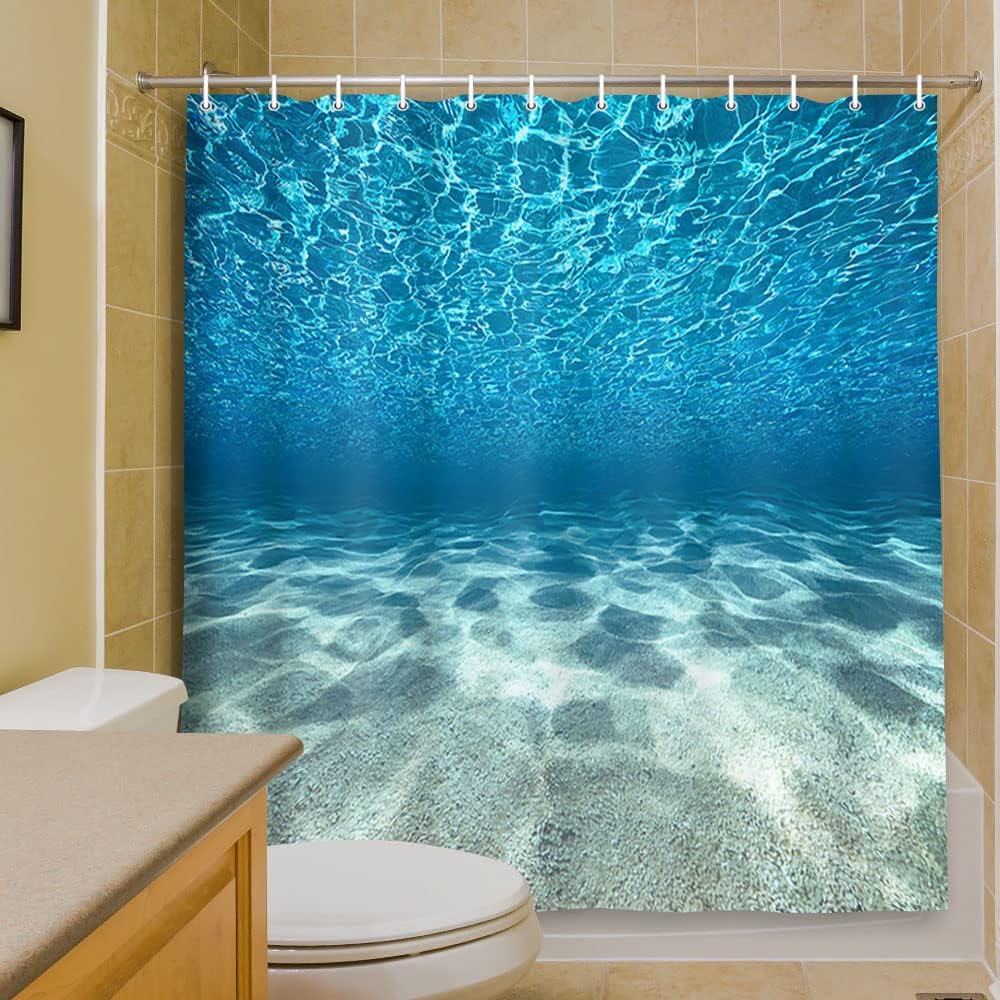 MERCHR Blue Ocean Beach Shower Curtain, Nature Underwater Sea World Scene Bathroom Curtains Waterproof Fabric, 71 x 71 Inches